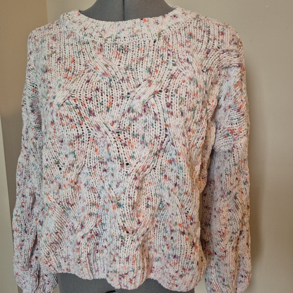 Pink Rose Chunky Cable Knit Muli Color Cream Rainbow Sweater Excellent Condition